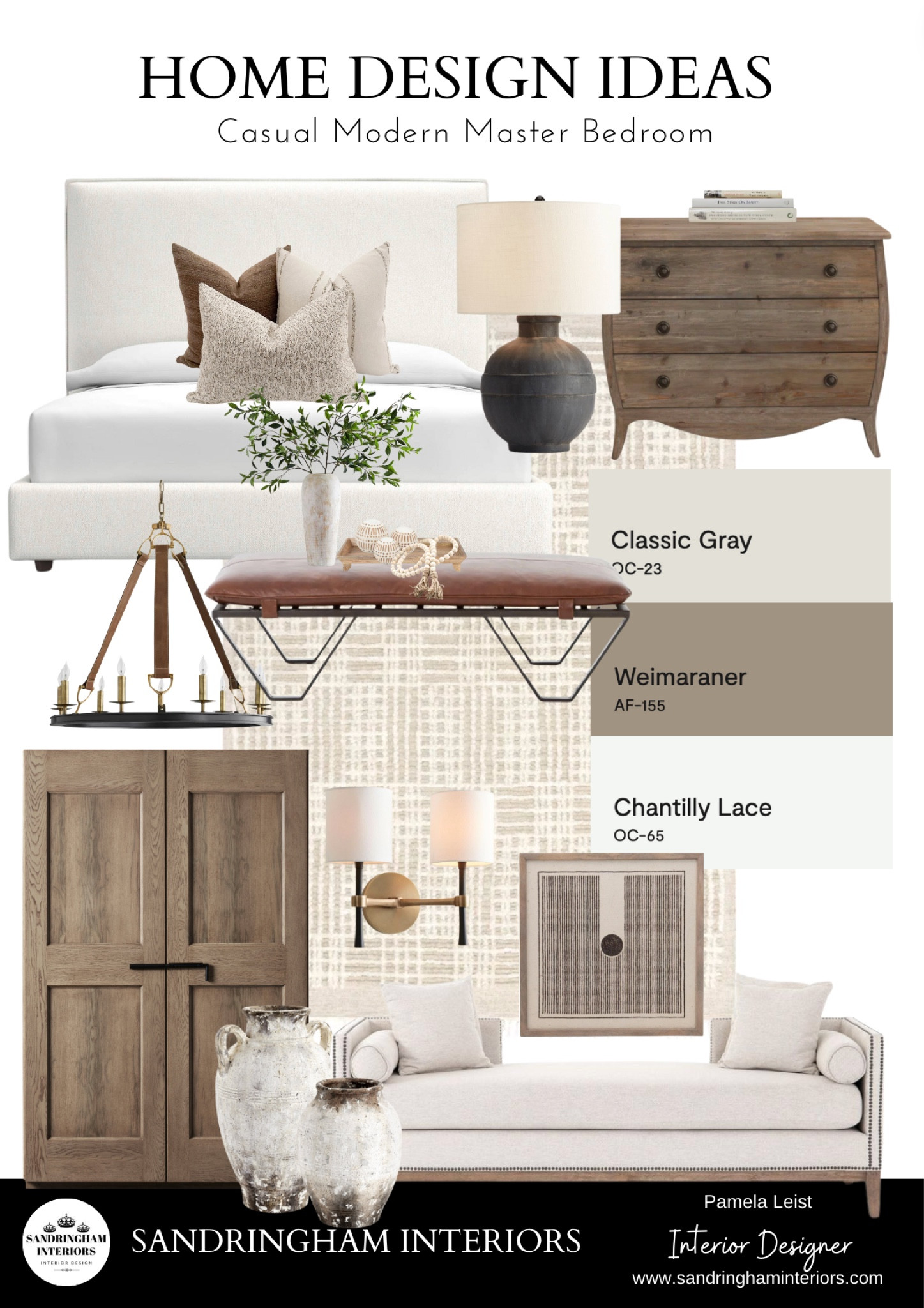 Casual Modern Bedroom in warm Neutrals 
Upholstered Bed Frame | White Oak Nightstand | White Oak Cabinet | Wagon Wheel Chandelier | Sconces | Leather Metal Bench | Paint Combinations | Ceramic Table Lamp | Decorative Pillows | Neutral Pillows 

#LTKstyletip #LTKhome