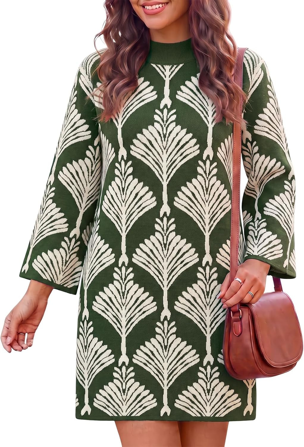 Wenrine Womens Sweater Dress Mock Neck Bell Sleeve Floral Knit Mini Dresses | Amazon (US)