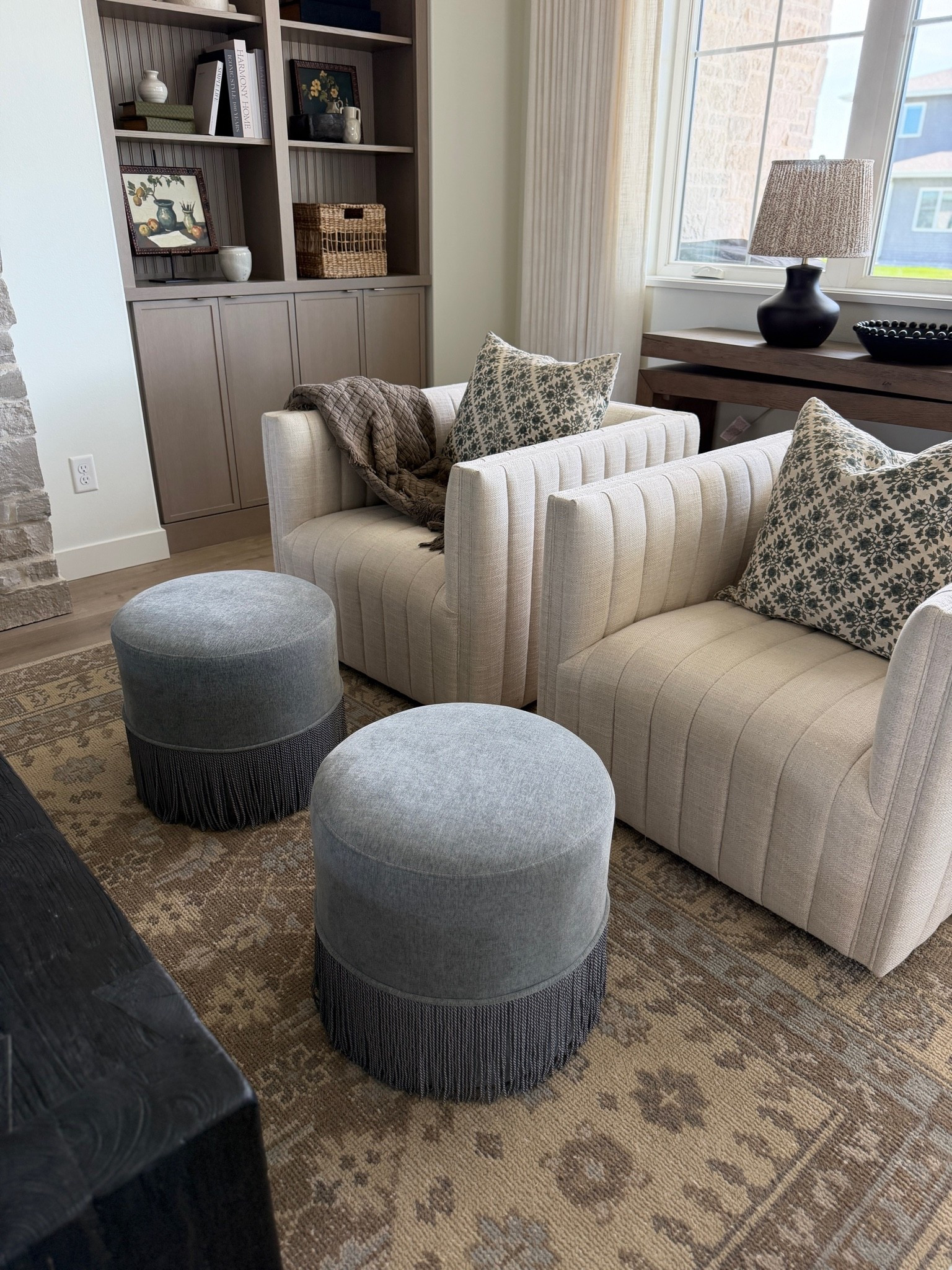 Loving these blue ottomans that we recently added. The perfect color and the fringe 👌😍

#LTKHome