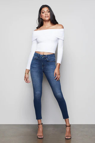 Good Waist Crop Raw Edge Blue331 Super High Rise Skinny Ripped Jeans, Size 4 | Good American