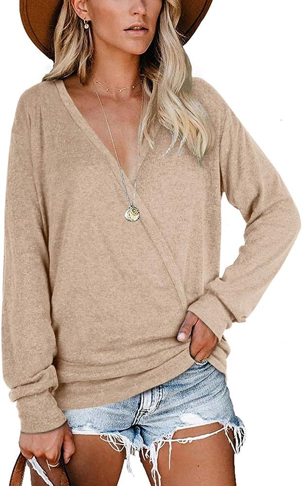 NIASHOT Women's Deep V Neck Tops Long Sleeve Wrap Front Side Buttons Tunic | Amazon (US)