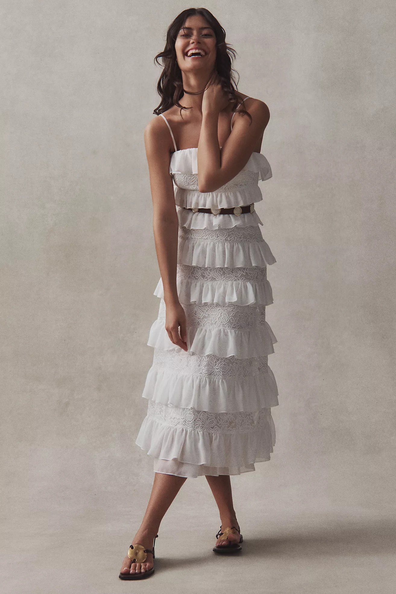 BHLDN Strapless Tiered Ruffle Lace Midi Dress | Anthropologie (US)