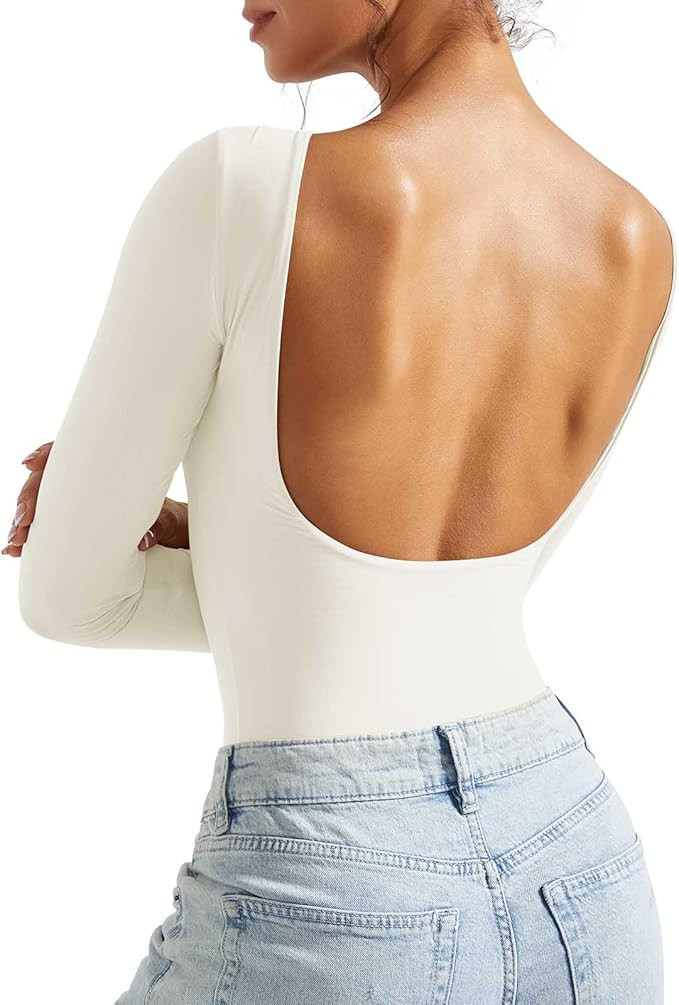 SUUKSESS Women Backless Y2k Long Sleeve Bodysuit Double Lined Open Back Sexy Basic Top | Amazon (US)