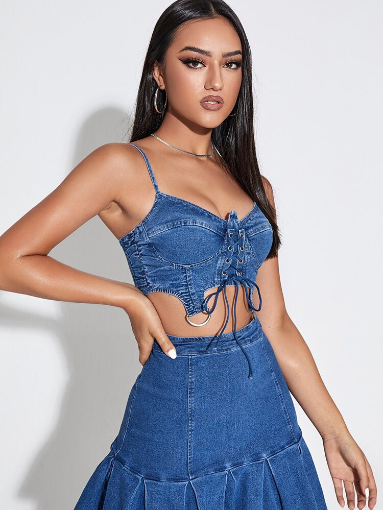 Lace Up Ruched Asymmetric Hem Denim Cami Top | SHEIN