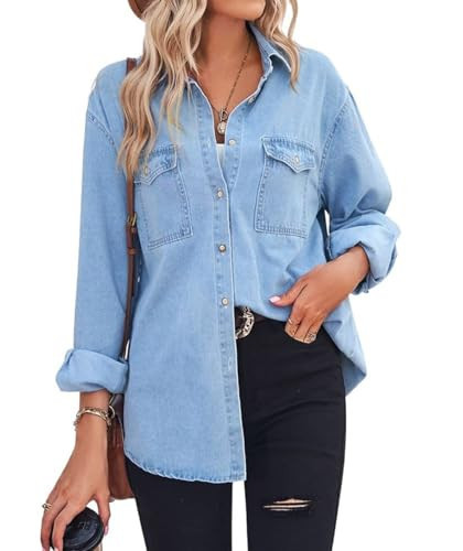 chouyatou Women's Spring Long Sleeve Denim Jean Shirts Button Down Shirt Business Casual Tops (Small, Blue) | Amazon (US)
