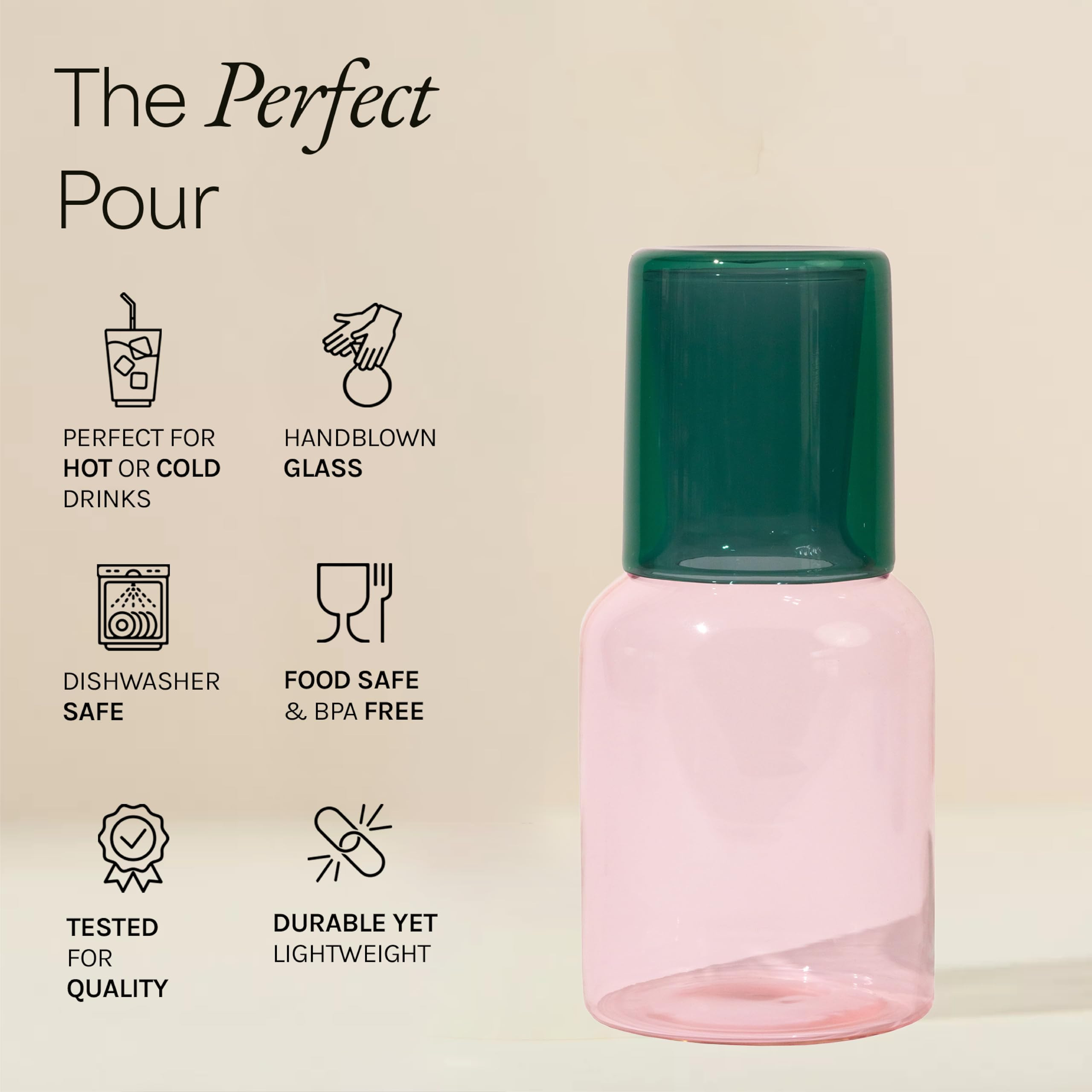 Glass Carafe and Cup Set | BPA Free, Dishwasher Safe, Durable & Lightweight | Ideal for Cold & Hot Beverages - Blush Pink & Pine | Amazon (US)