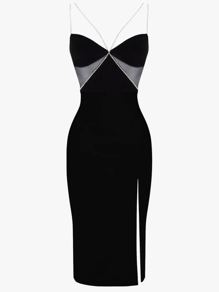 Black Diamanté Strap Cutout Midi Dress | Heiress Beverly Hills