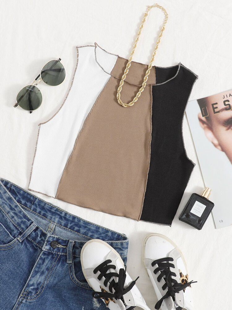 Stitch Trim Rib-knit Colorblock Tank Top | SHEIN