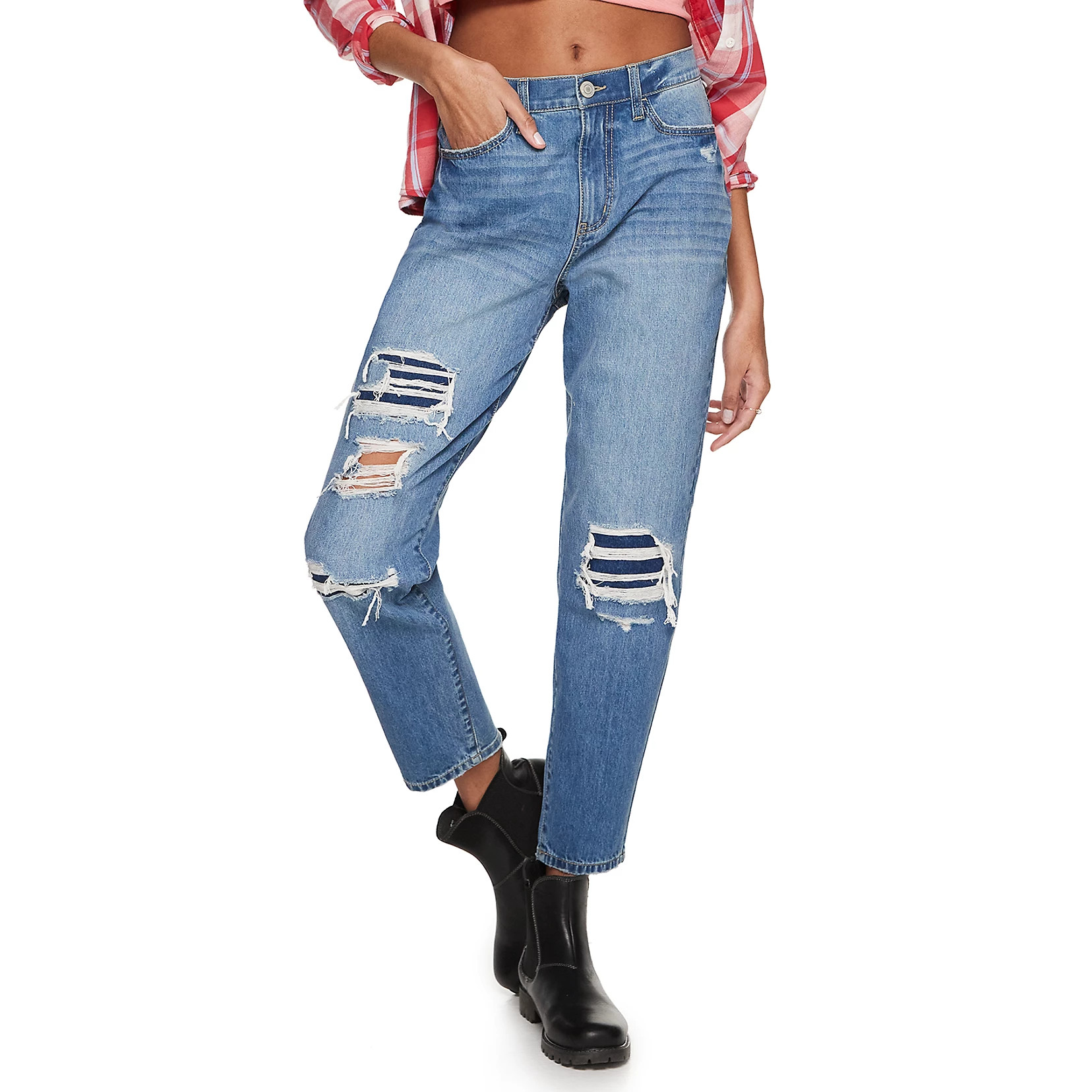 Juniors' SO® High-Rise Curvy Mom Destructed Jeans | Kohl's