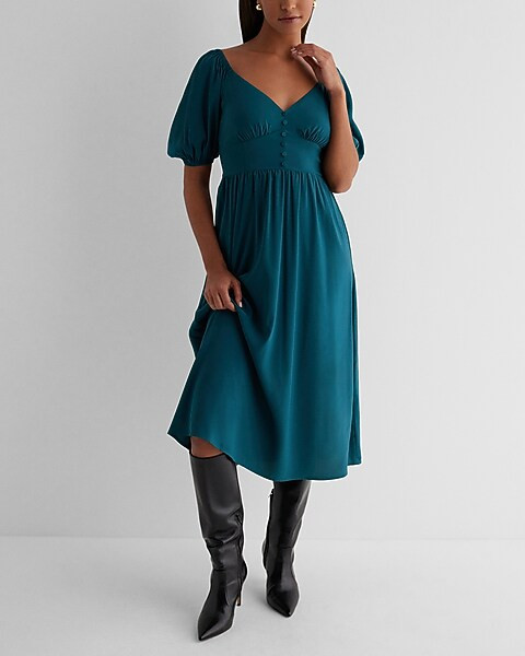 V-Neck Puff Sleeve Button Front Tie Back Midi Dress | Express