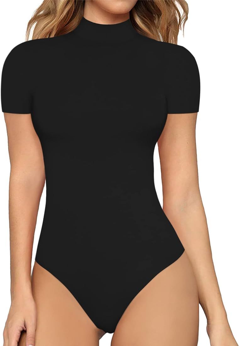 MANGOPOP Women's Mock Turtle Neck Sleeveless Tank Tops/Short Sleeve Bodysuit Leotard Clothing | Amazon (US)