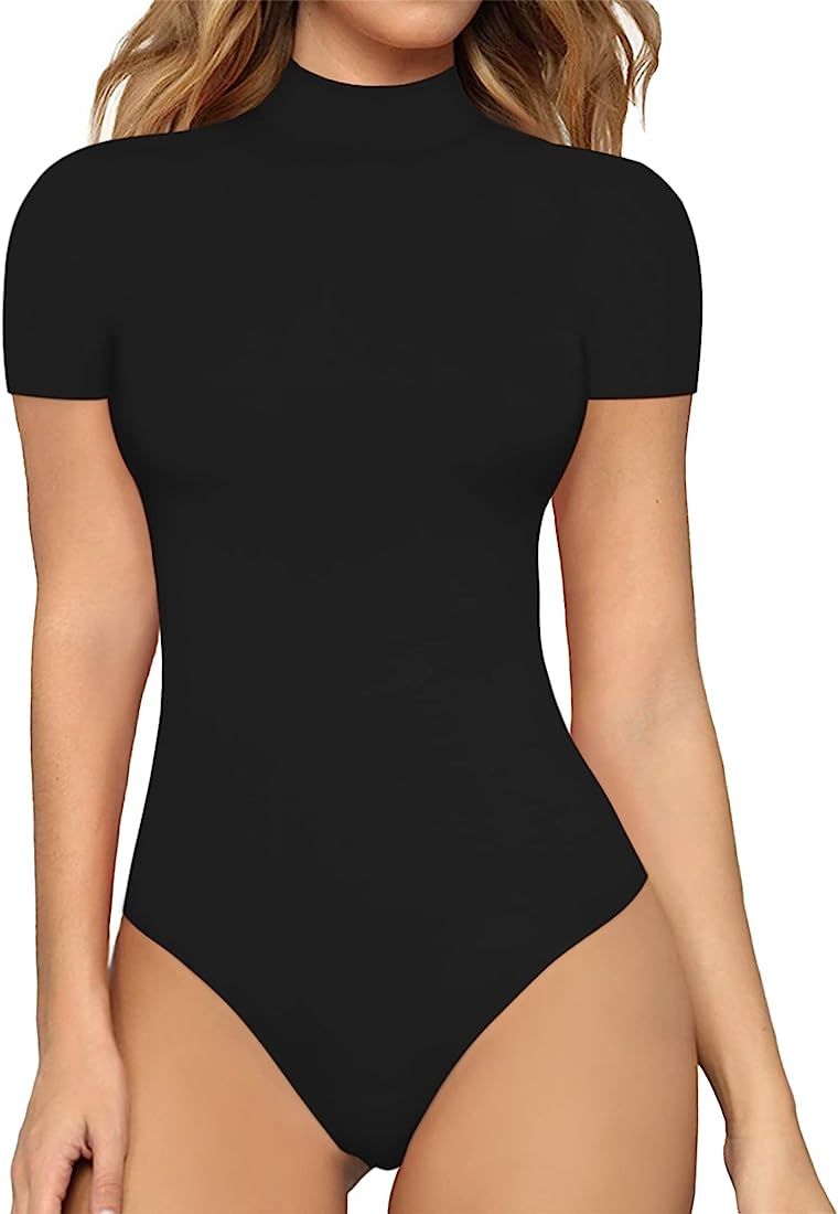MANGOPOP Women's Mock Turtle Neck Sleeveless Tank Tops/Short Sleeve Bodysuit Leotard Clothing | Amazon (US)