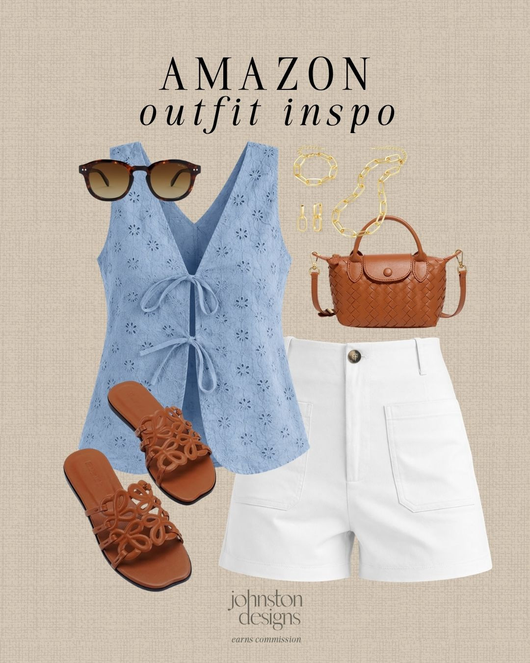 Amazon outfit inspo with a blue eyelet top, white shorts and easy everyday accessories. 🩵

Amazon style, outfit inspo, blue top, eyelet blouse, white shorts, summer outfit, woven bag, brown sandals, gold jewelry, sunglasses, casual look, weekend style, warm weather fashion, affordable finds 

 #LTKootd