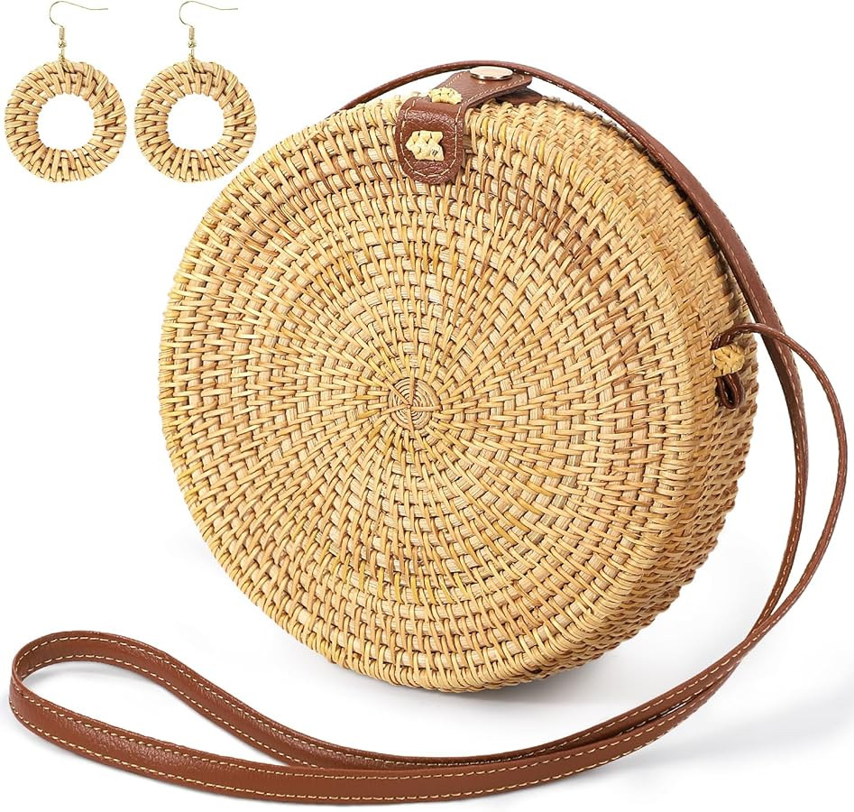 Handwoven Rattan Purses for Women Summer Beach Woven Crossbody Straw Purses with 1 Pair Rattan Ea... | Amazon (US)