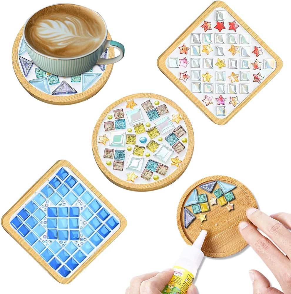 4 Sets DIY Glass Mosaic Tiles for Crafts,Mixed Color Mosaic Kits with Wooden Coaster for Adults,M... | Amazon (US)