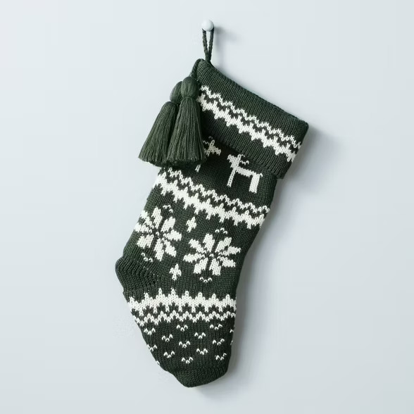 Reindeer & Snowflake Knit Tassels Stocking Dark Green/Cream - Hearth & Hand™ with M... | Target