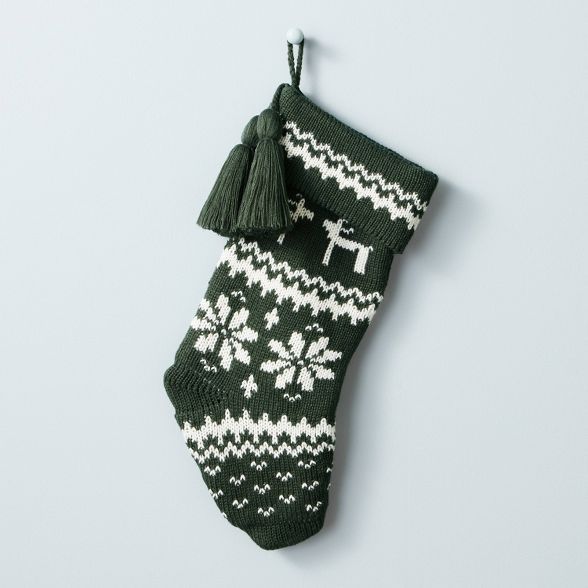 Reindeer &#38; Snowflake Knit Tassels Stocking Dark Green/Cream - Hearth &#38; Hand&#8482; with M... | Target