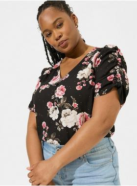 Harper Georgette V-Neck Ruched Sleeve Blouse | Torrid (US & Canada)