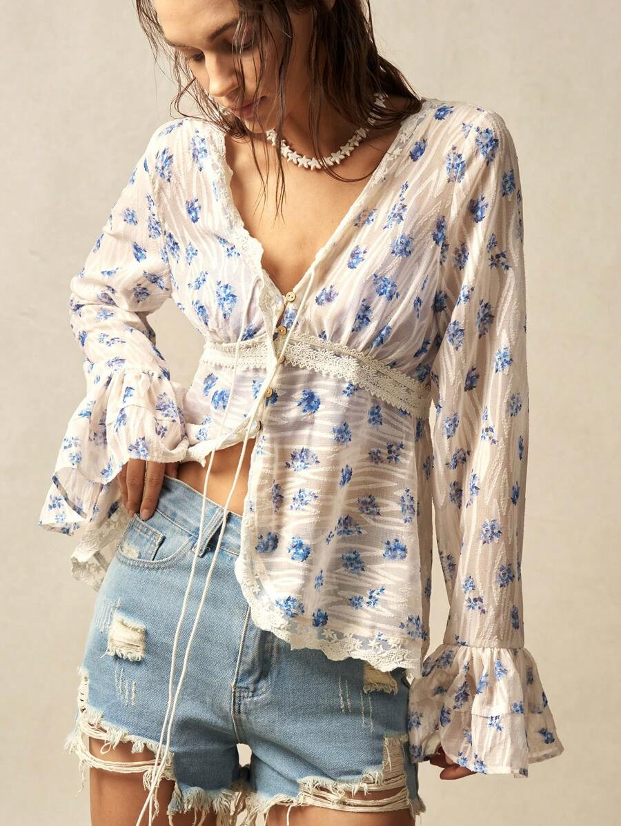 Bohemela Casual Woven V-Neck Bell Sleeve Printed Blouse For Women | SHEIN