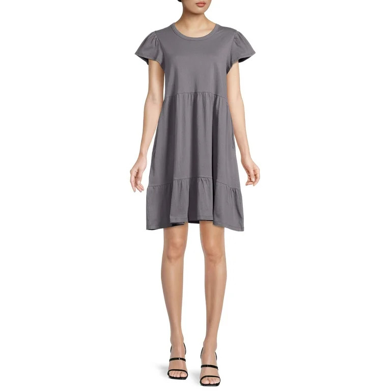 Time and Tru Women's Short Sleeve Tiered Knit Dress with Pockets | Walmart (US)