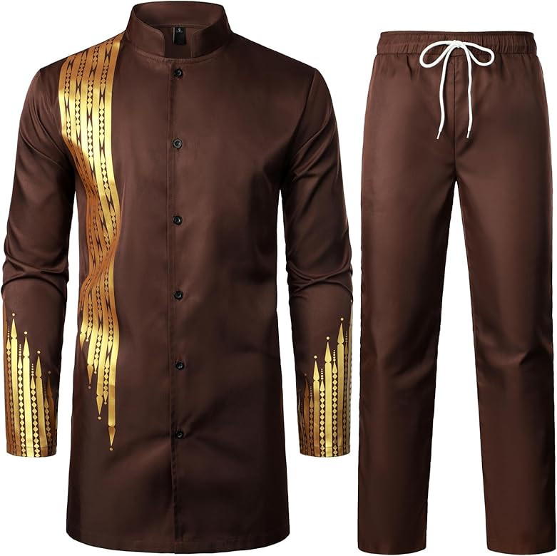ZEROYAA Men's Traditional Suit Long Sleeve Button up African Dashiki Shirt and Pants Ethnic 2 Pie... | Amazon (US)