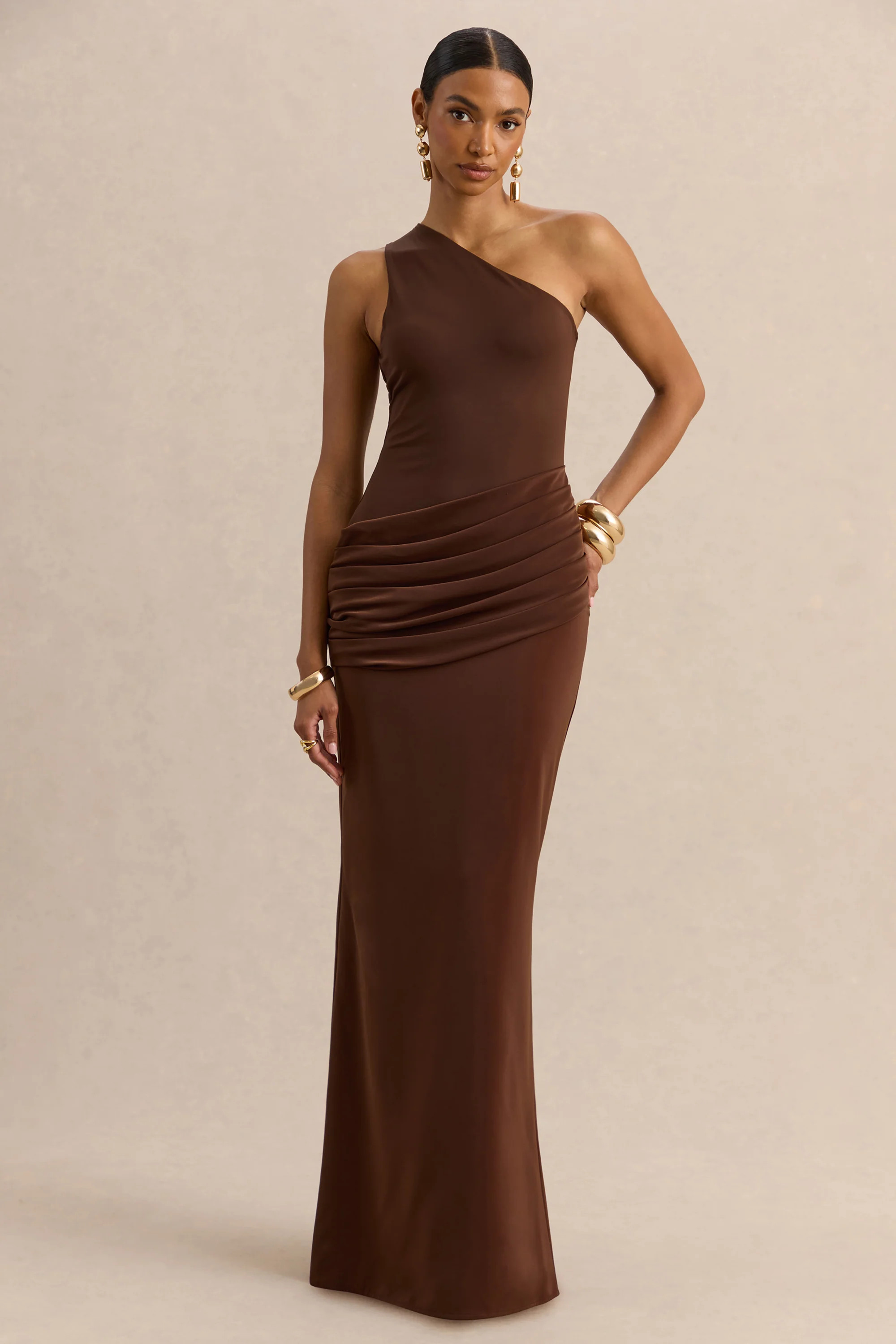 Arovia | Brown Satin Asymmetric-Neck Maxi Dress With Draped-Detail | Club L London