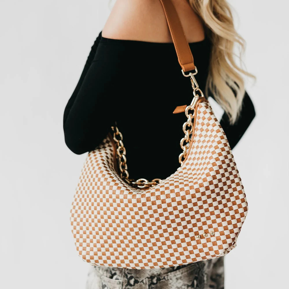 Sienna Slouchy Woven Shoulder Bag Brown Checkered | Pretty Simple