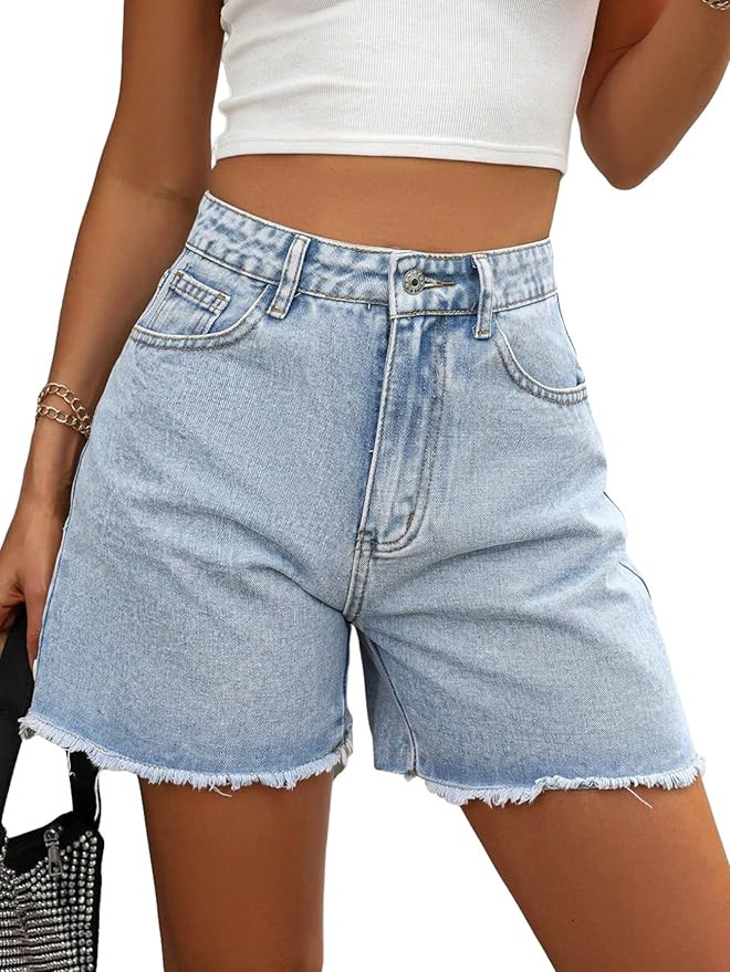 MakeMeChic Women's Casual High Waist Raw Hem Straight Leg Summer Denim Shorts with Pocket | Amazon (US)