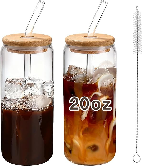 Iced Coffee Cups with Lids 2 pcs: 20 oz Glass Cups with Lids and Straws as Coffee Bar Accessories... | Amazon (US)