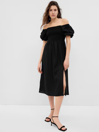 Linen-Blend Puff Sleeve Midi Dress | Gap (US)