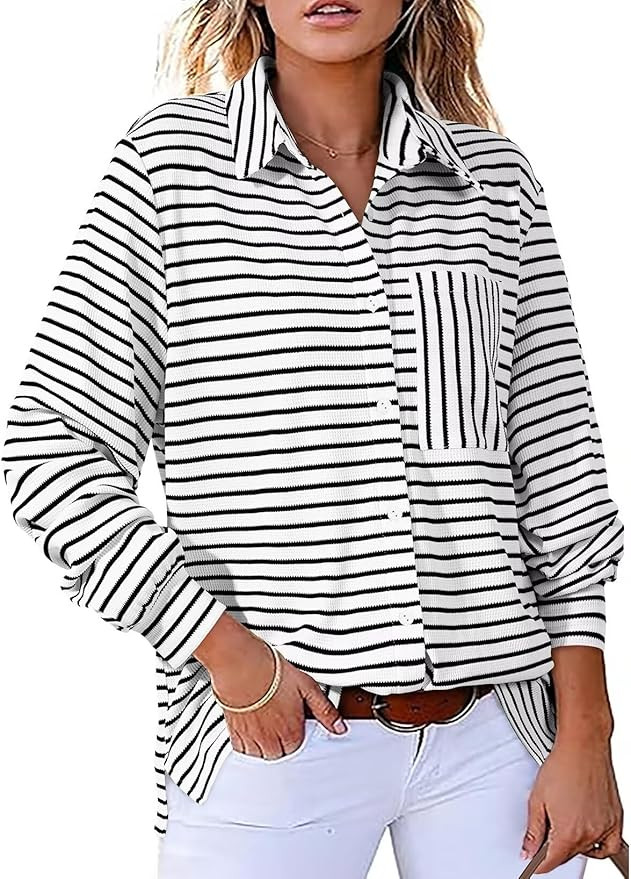 Astylish Women's 2025 Oversized Long Sleeve Shirts Button Up Striped Collared Front Pocket Top | Amazon (US)