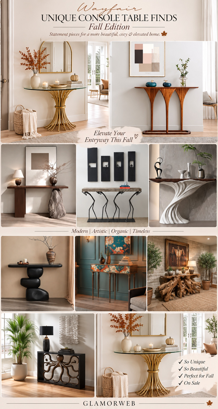 These Wayfair console tables are basically fall decor game changers 🍁✨ Such a good way to make an entryway, hallway, or living room feel completely different without redoing the whole space. I’m loving the natural wood grains, artistic bases, warm metals, and unique shapes that look like designer pieces. Keep the styling simple with a vase of fall branches, mini pumpkins, and one cozy candle. So beautiful, so trending, and finding them on sale makes it even better 🤎

#WayfairFinds #WayfairFurniture #WayfairDeals #WayfairSale #ConsoleTableFinds #ConsoleTableDecor #UniqueFurniture #StatementConsole #FallEntryway #FallHome #FallDecorIdeas #AutumnHomeDecor #EntrywayTable #EntrywayInspo #HallwayDecor #LivingRoomDecor #FurnitureDeals #TrendingHomeDecor #TrendingFurniture #DesignerLookForLess #AffordableLuxury #CozyFall #HomeRefresh #HomeDecorInspo #InteriorStyling #LTKHome #LTKFinds #FallFurniture #PinterestInspo #FallDecor 

 #LTKSeasonal #LTKHome #LTKSaleAlert