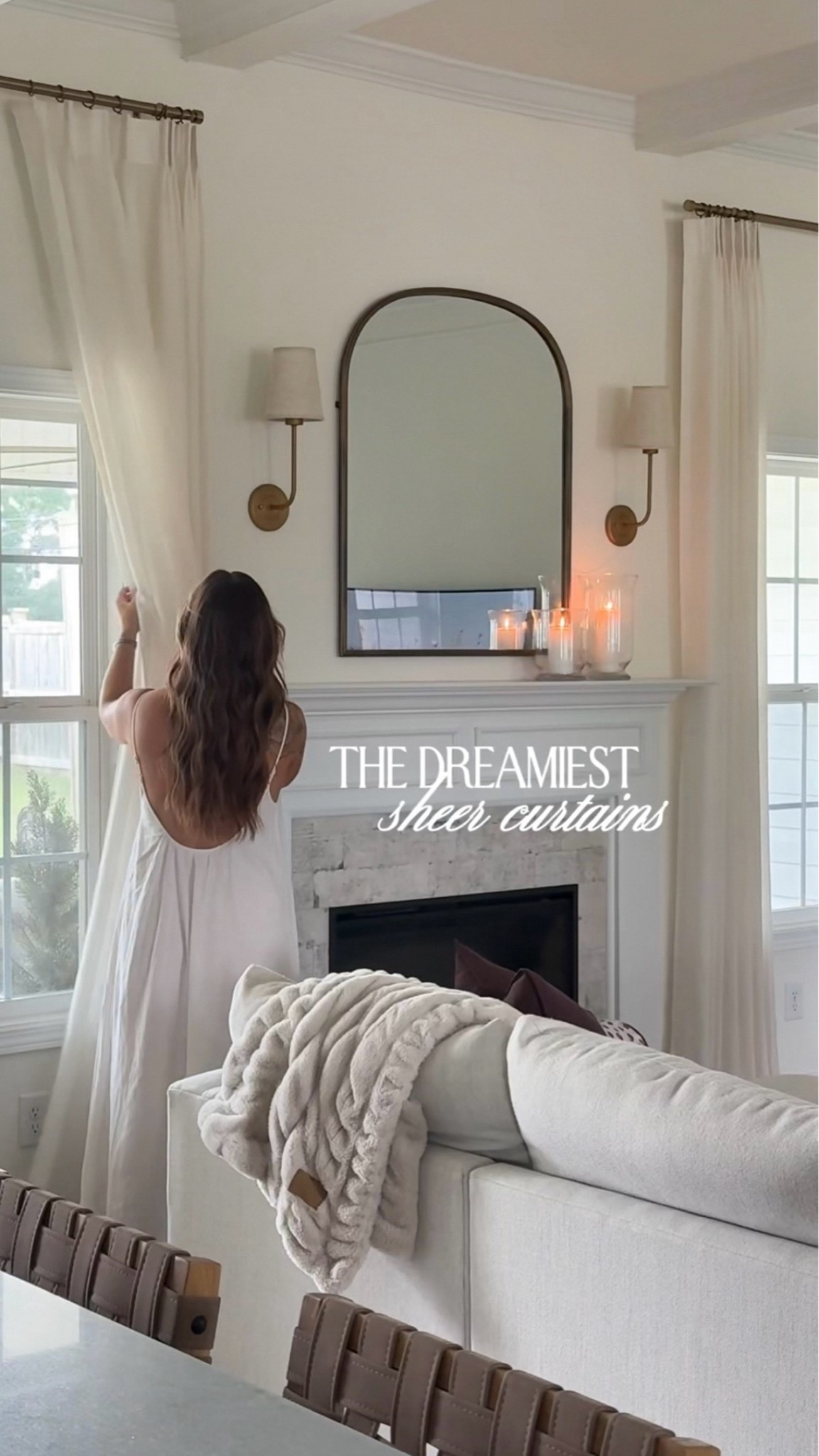 Love these sheer curtains! 
Curtain details: 
Fabric: Lull Linen Sheer Drapery
* Color: Dusty Pearl-S4205
* Header Style: Double Pleats
* Header Type: Pinch Pleat (Middle)
* Memory Shape: Yes (highly recommend!)