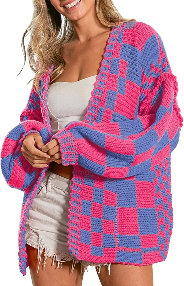 SELINK Women's Cardigan Sweater Vintage Open Front Mixed Checkered Pattern Chunky Knit Plaid Long... | Amazon (US)