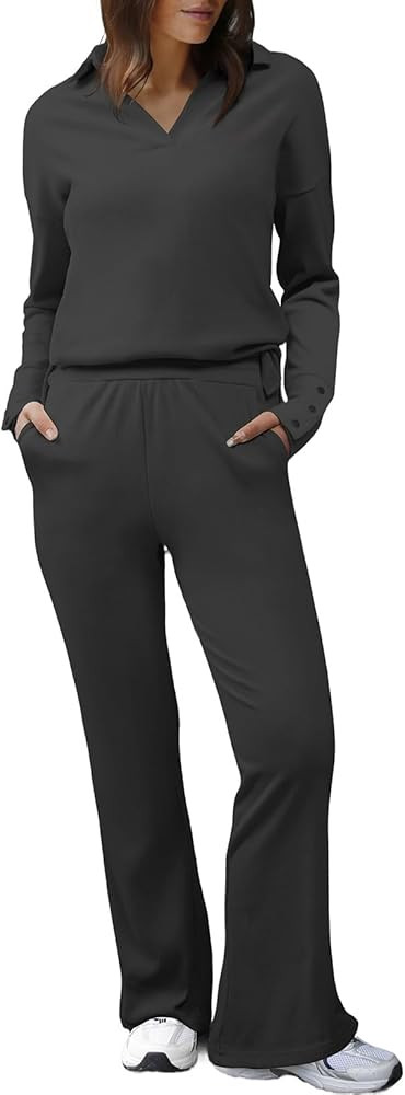 Herseas Women Sweater Set 2 Piece Outfits 2025 Long Sleeve Knit Lapel V Neck Tops High Waist Wide... | Amazon (US)