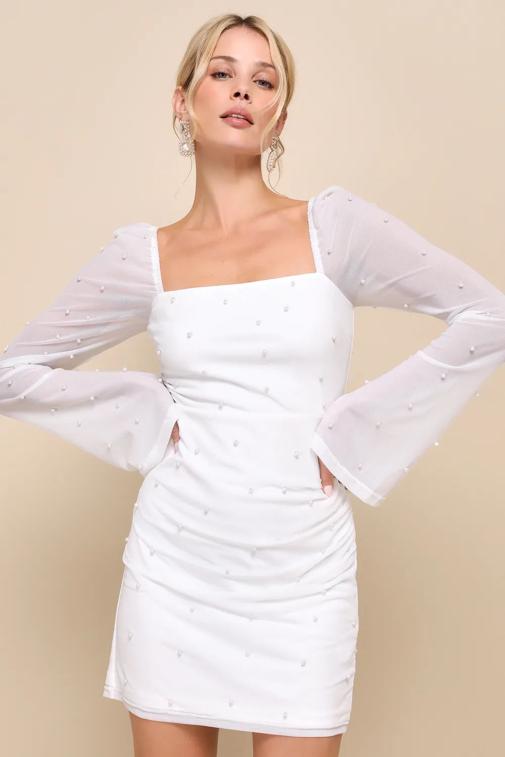 Flirty Luxury Ivory Mesh Pearl Long Sleeve Mini Dress | Lulus