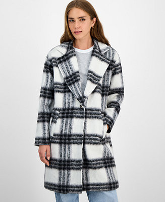 Juniors' Button-Front Plaid Coat | Macy's