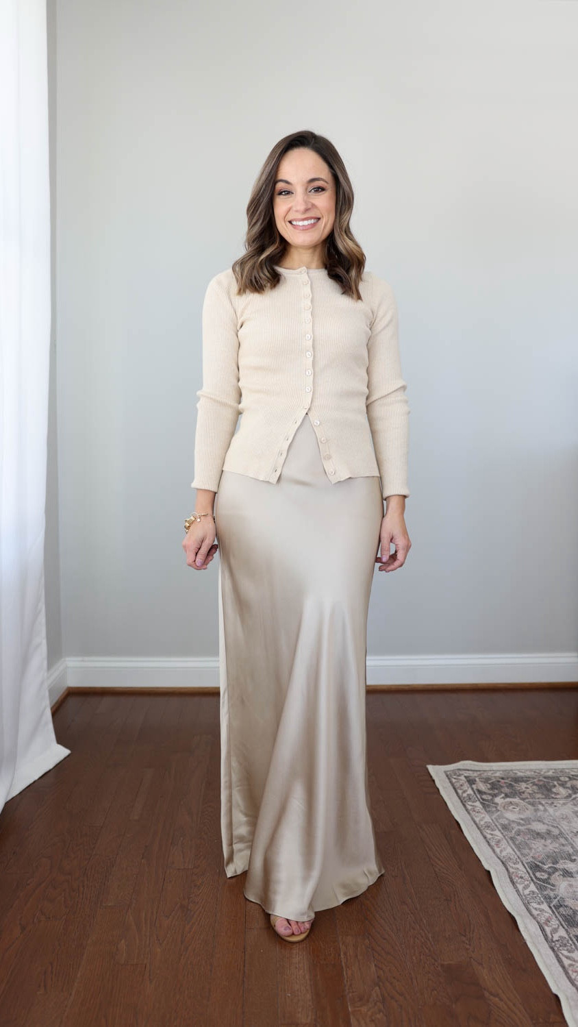 100% silk skirts from @onequince in a midi and maxi length on my petite (4’10”) frame. #quincepartner 

The silk skirts at Quince are a longtime favorite of mine. They’re high-quality, machine washable and come in several beautiful colors. I have styled the midi style many times over the years but the maxi is new to me. It’s a length I need to wear with heels, but I love how elegant it is. I think it would be perfect for a special occasion. 

Silk Maxi Skirt: XS, in champagne  - skirt runs large at the waist
Silk Midi Skirt: XS - tts 
Cotton Cashmere Fitted Ribbed Cardigan: XS, in heather oatmeal - sleeves are cuffed under
Cotton Jersey Boat Neck Tank: XS 
100% Merino Wool Collarless Cropped Jacket: XS - sleeves are cuffed under 
Italian Leather 70mm Strappy Heel: tts - in cashew


#LTKPetite