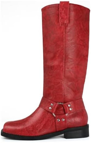 FIFSY Knee High Boots for Women Chunky Heel Buckle Boots Square Toe Pull On Motorcycle Biker Ridi... | Amazon (US)
