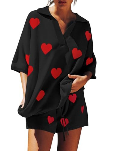 Tankaneo Womens Valentine Sweater Set 2 Piece Outfits Heart Printed Knit V Neck Tops Short Sets Lounge Matching Sets | Amazon (US)