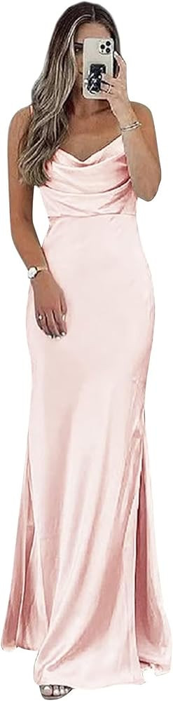 Long Satin Bridesmaid Dresses Spaghetti Straps Cowl Neck Formal Evening Dress with Slit | Amazon (US)