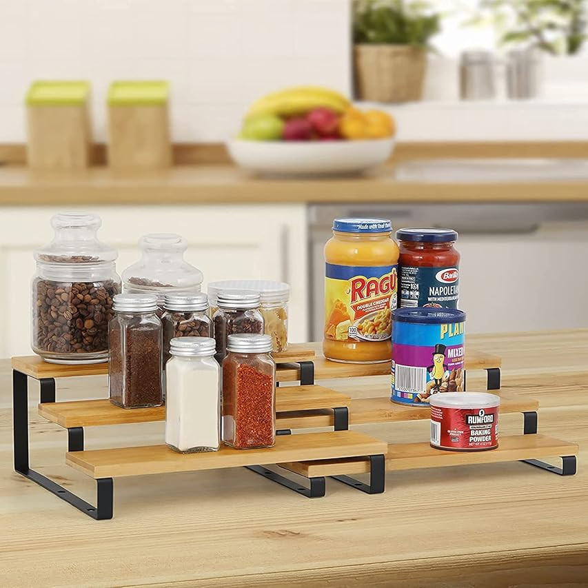 MOOACE 3 Tier Expandable Spice Rack Set (15.35"--22.2"L), Step Shelf Organizer for Cabinet Counterto | Amazon (US)