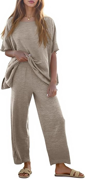 Tankaneo Women's 2 Piece Travel Outfits Casual Short Sleeve Knit Sweater Set Wide Leg Pants Loung... | Amazon (US)