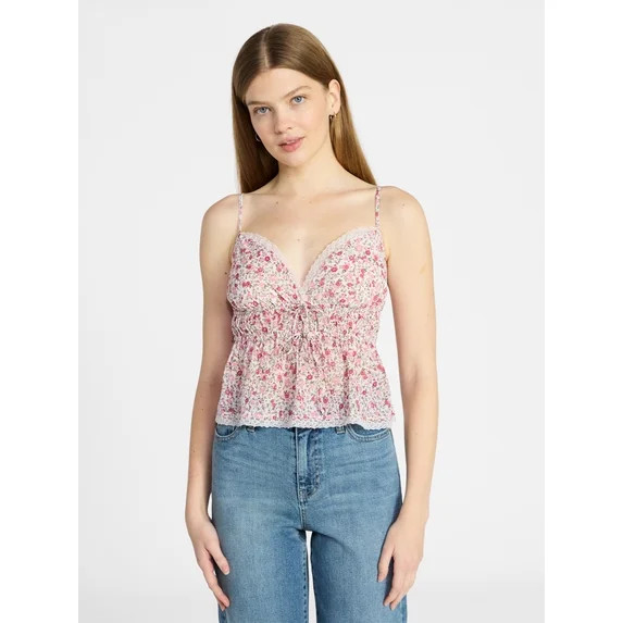 No Boundaries Tie Front Tank Top with Lace Trim, Women's XXS-XXXL | Walmart (US)