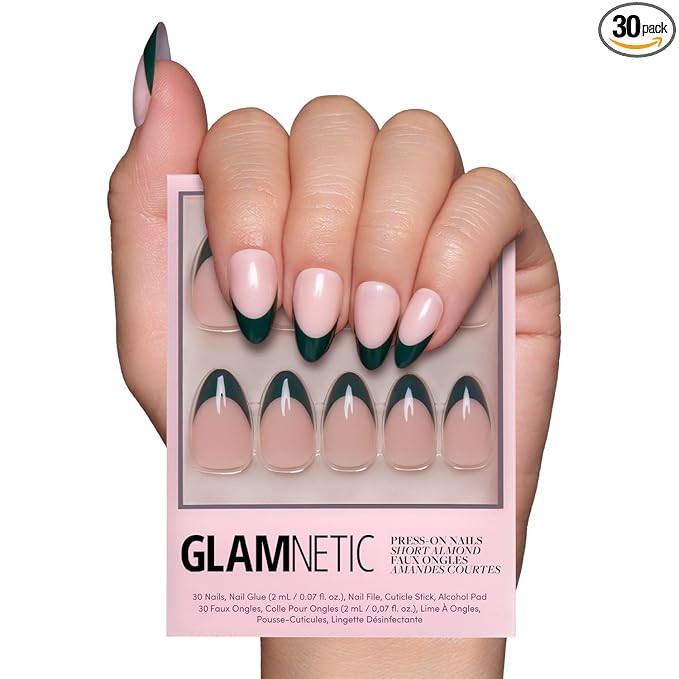Glamnetic Press On Nails - Château | Semi-Transparent Dark Green French Tip Short Almond Fake Na... | Amazon (US)