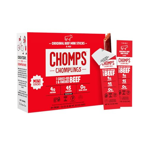 Chomps Snack Size Grass-Fed Original Beef Jerky Snack Sticks 0.5oz 24-Pack - Keto, Paleo, Whole30... | Amazon (US)
