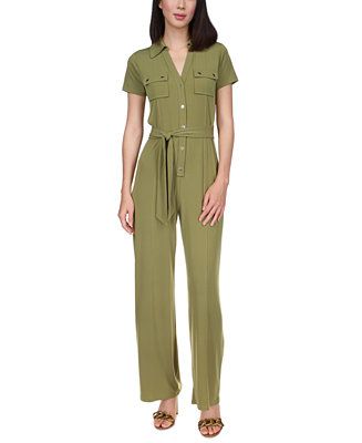 Michael Kors Split-Neck Short-Sleeve Jumpsuit, Regular & Petite & Reviews - Pants - Petites - Mac... | Macys (US)