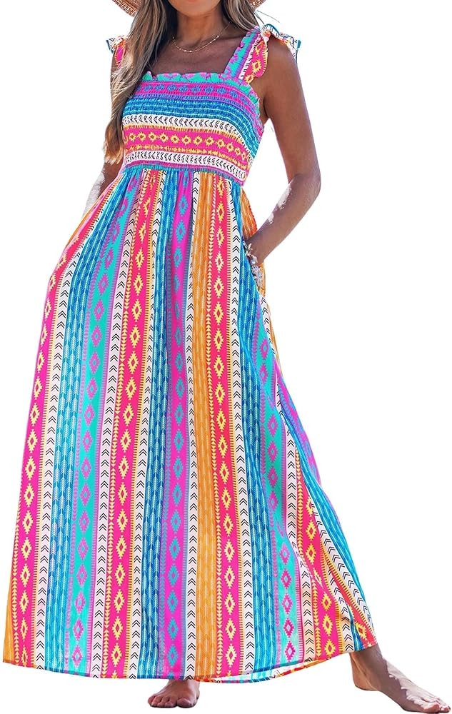 popvil Women Summer Maxi Dress 2026 Spaghetti Strap Long Beach Dress Boho A-Line Flowy Casual Sle... | Amazon (US)