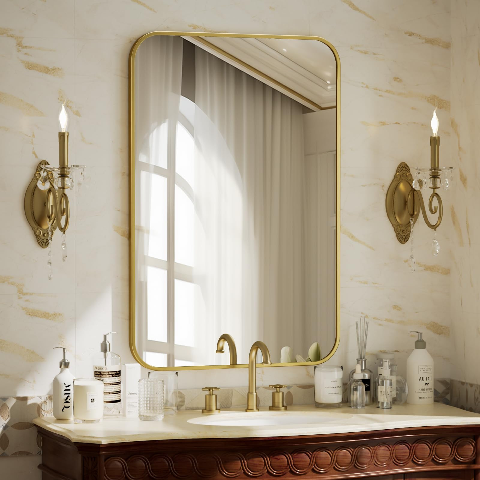 BEAUTYPEAK 24" x 36" Rectangular Aluminum Alloy Frame Wall Mounted Bathroom Mirror with Rounded C... | Amazon (US)