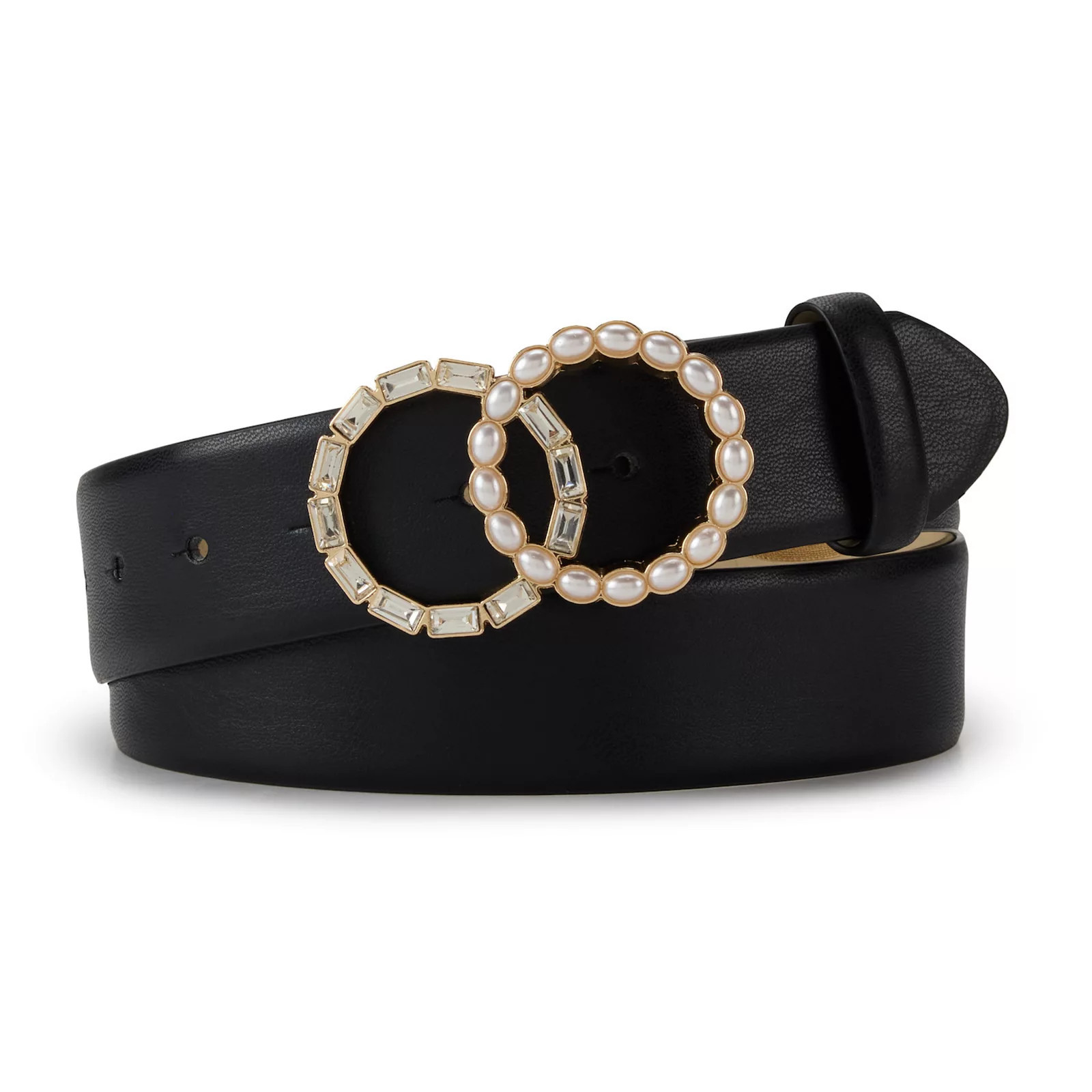 Women's Nine West Crystal & Pearl Double Circle Buckle Belt, Size: Small, Black Gold | Kohl's